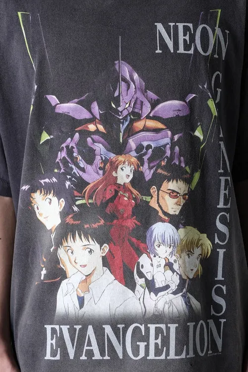 SAINT Mxxxxxx × EVANGELION NEON GNSIS TEE/BLK co-branded Neon Genesis Evangelion distressed short-sleeves, washed black S-XL, vintage NEW VINTAGE, top printing technology, garment dyeing, re-washed, distressed, correct co-branded main mark/washing mark